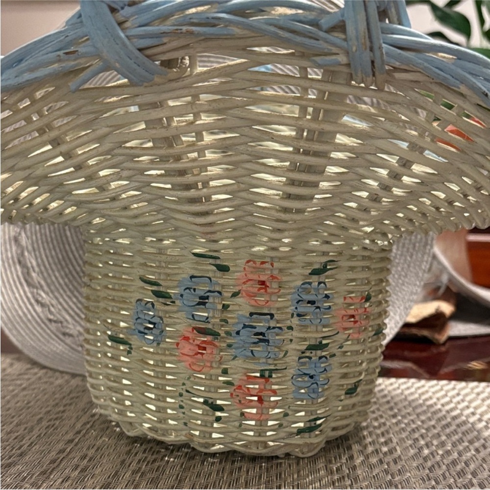 Hand-Painted Wicker Basket with Blue Trim and Floral Accents